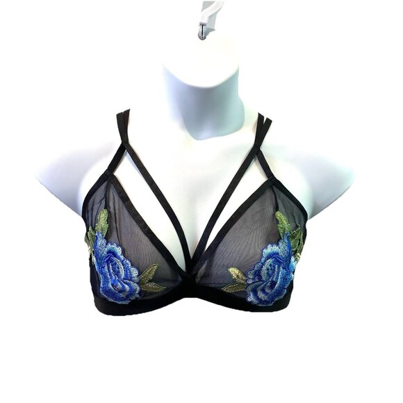 Charlotte Russe Bralette Black Blue Rose Wireless Pullover Strappy Back 1X - Picture 1 of 5
